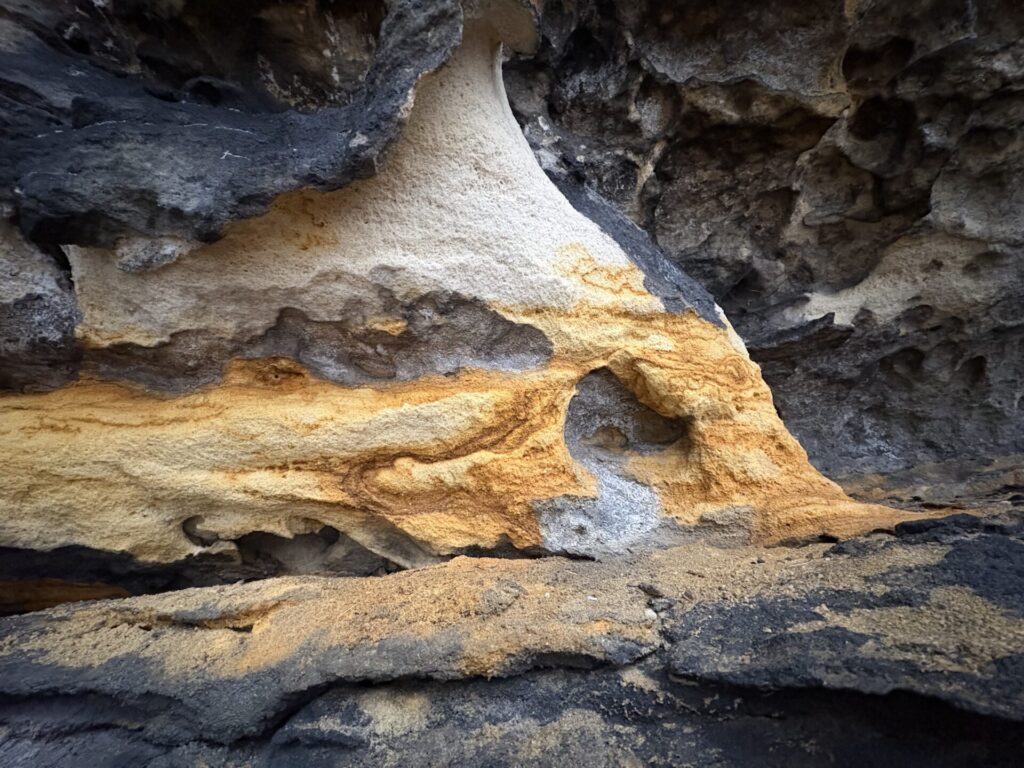 Sandsteinmaserung mit weißen und roten Ablagerungen umgeben von scharzgrauer Patina